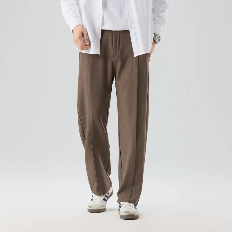 Men's gray drape trousers, versatile for smart casual wear, relaxed fit & stylish comfort.