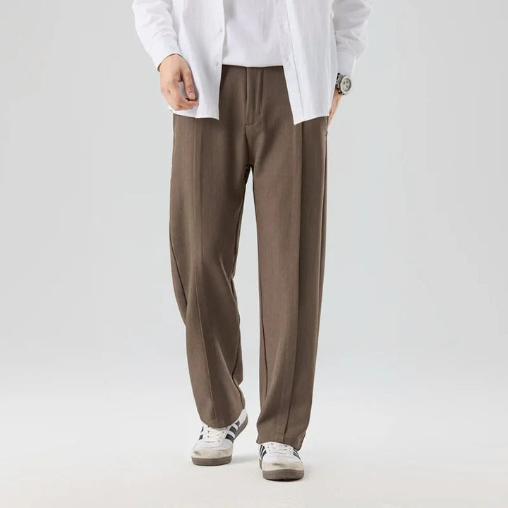 Men's gray drape trousers, versatile for smart casual wear, relaxed fit & stylish comfort.