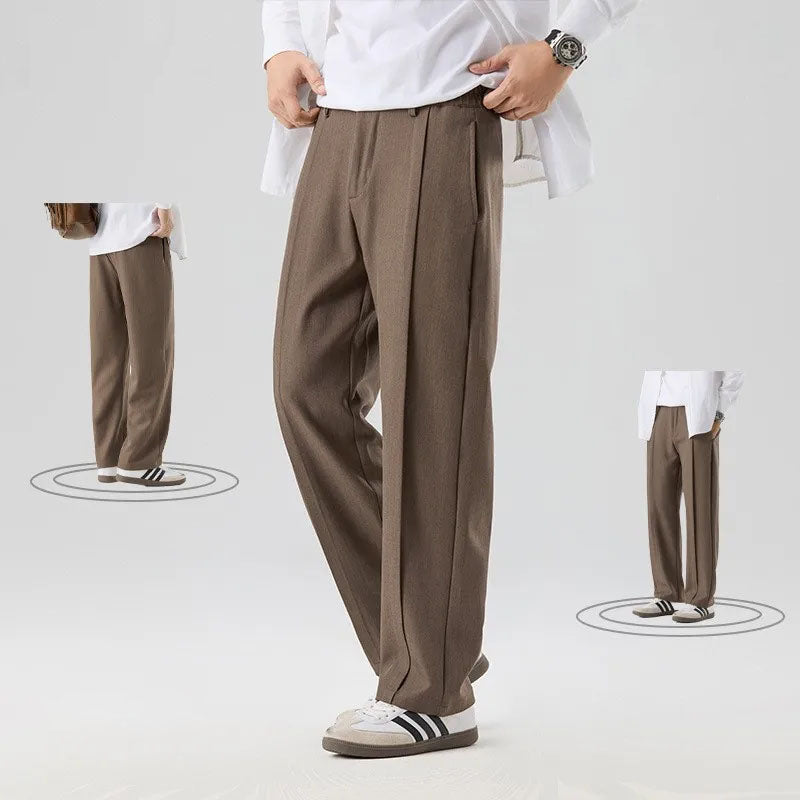 Back view of men's brown drape trousers, showcasing relaxed fit, elegant design & ultimate comfort.