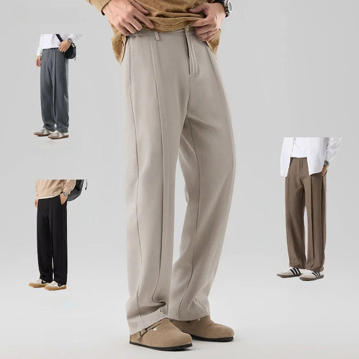 Full-length view of men's versatile drape trousers, offering elegant comfort & a stylish, relaxed fit.