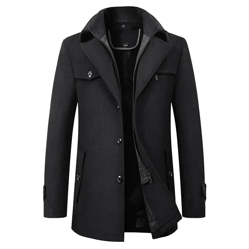 Men's elegant long button overcoat in black, perfect for winter and fall