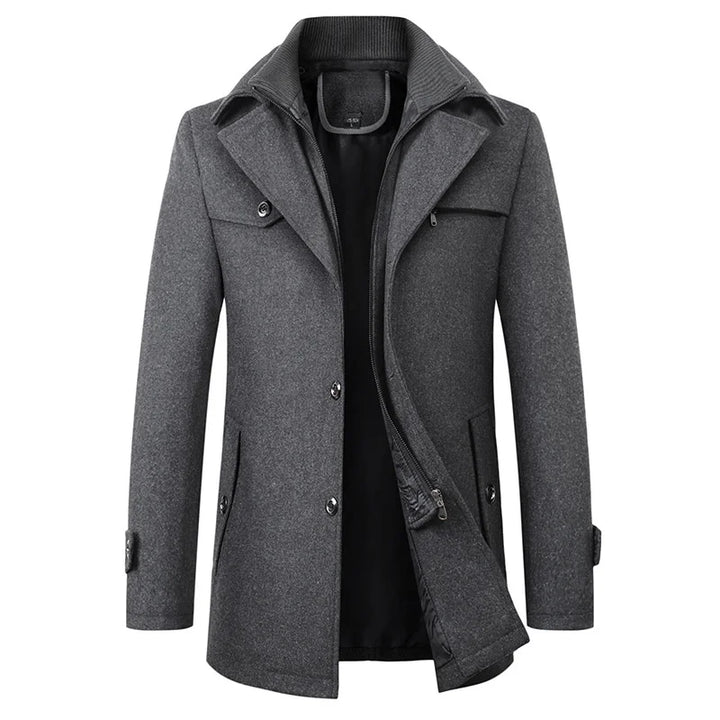 Stylish men's winter overcoat with button closure, a tailored formal outerwear option