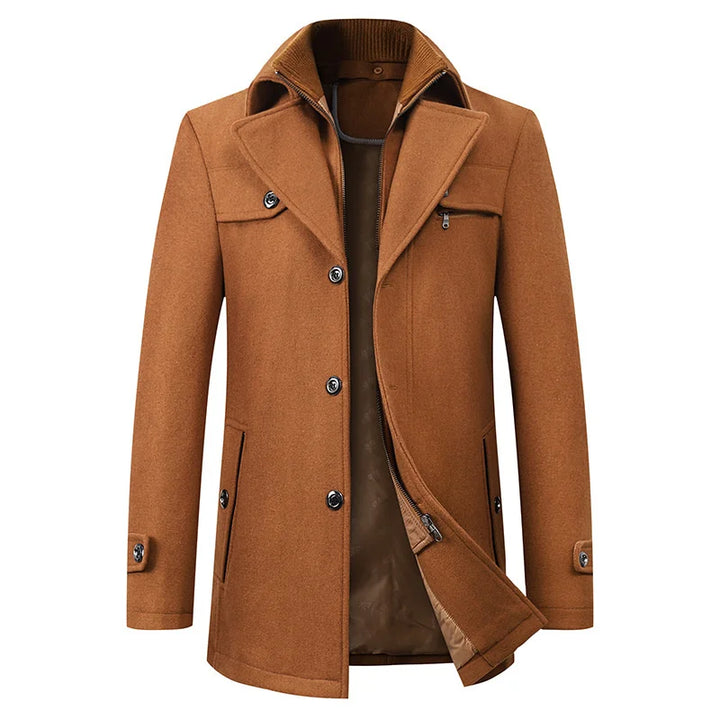 Formal men's winter long coat with detailed buttons, ideal for elegant fashion