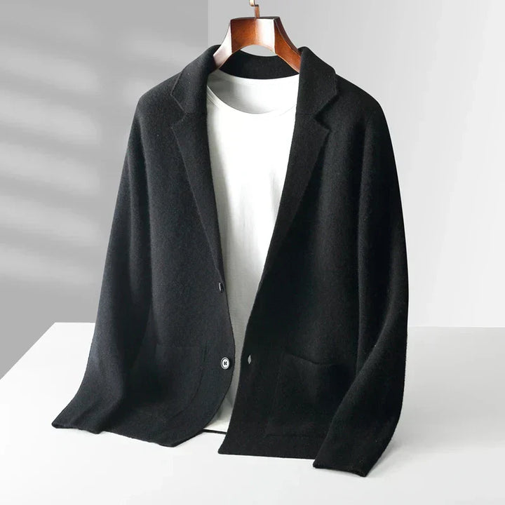 Comfortable men's button-front shawl collar cardigan. Elegant style for versatile layered menswear.