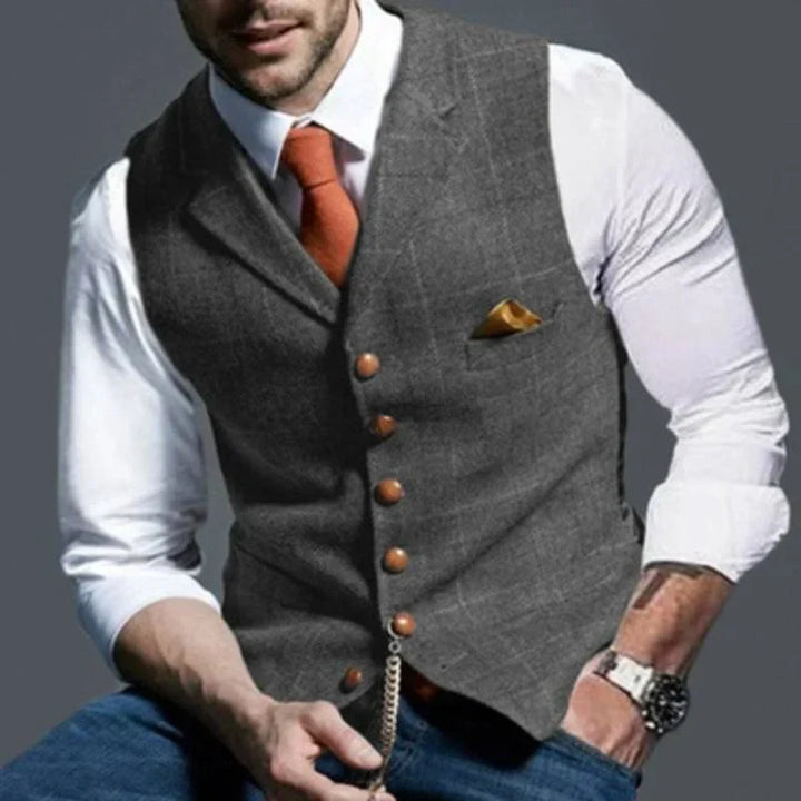 Elegant men's tailored checked waistcoat, offering a smart slim-fit look for business casual or special occasions.