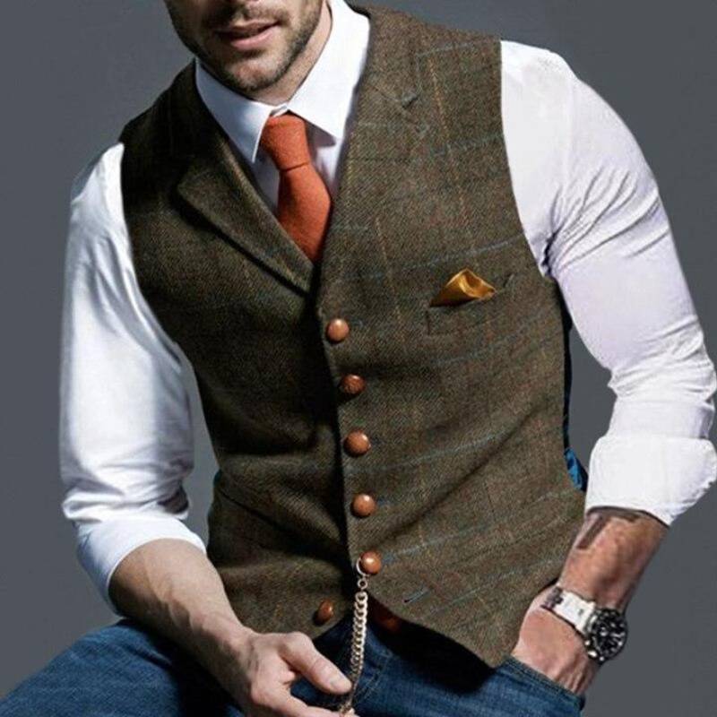 Men's fashion multi-color checked waistcoat, a stylish slim-fit vest for elegant formal or sophisticated casual wear.