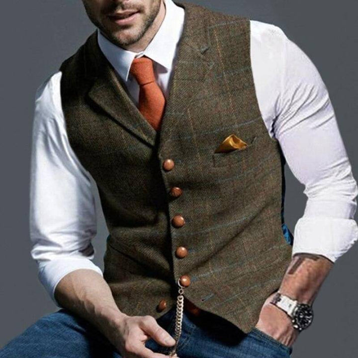 Men's fashion multi-color checked waistcoat, a stylish slim-fit vest for elegant formal or sophisticated casual wear.
