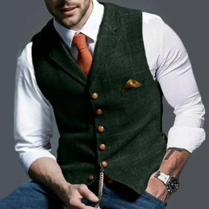 Modern elegant men's checked waistcoat, a slim-fit formal and casual vest for a sharp, tailored look in men's fashion.