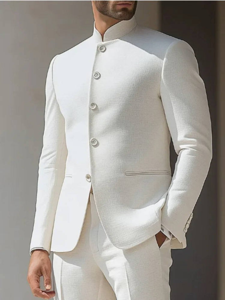 Men's elegant slim fit Nehru suit jacket with band collar. Perfect for formal events, weddings, and party wear.