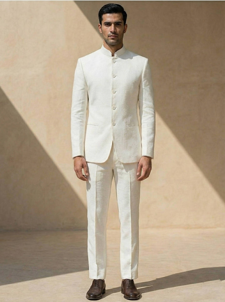 Modern men's band collar Nehru suit jacket, ideal formalwear for weddings, parties, or special occasionwear.