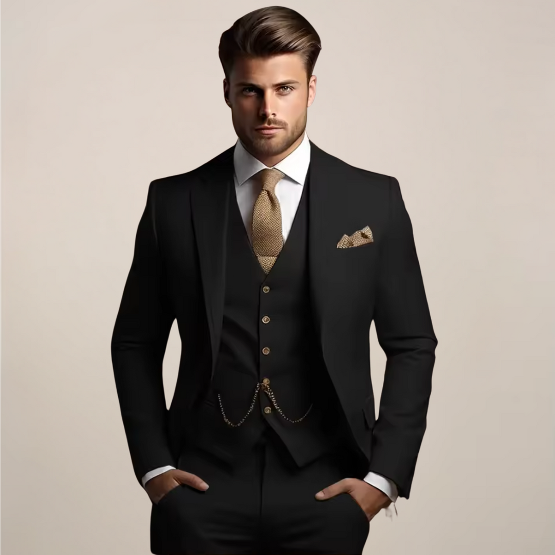 Men's elegant slim fit three-piece wedding suit. Perfect formal wear for groom, prom, or business attire.