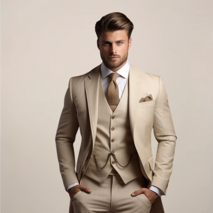 Close-up of elegant men's slim fit three-piece suit fabric, highlighting texture for weddings & formal events.
