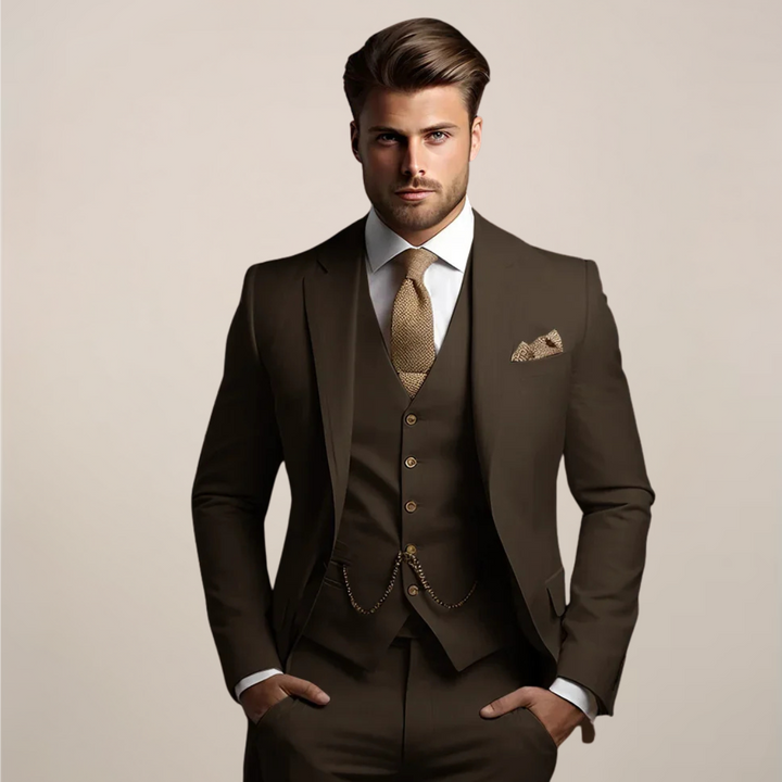 Stylish men's full three-piece slim fit suit, complete with vest & trousers, for weddings & elegant fashion.