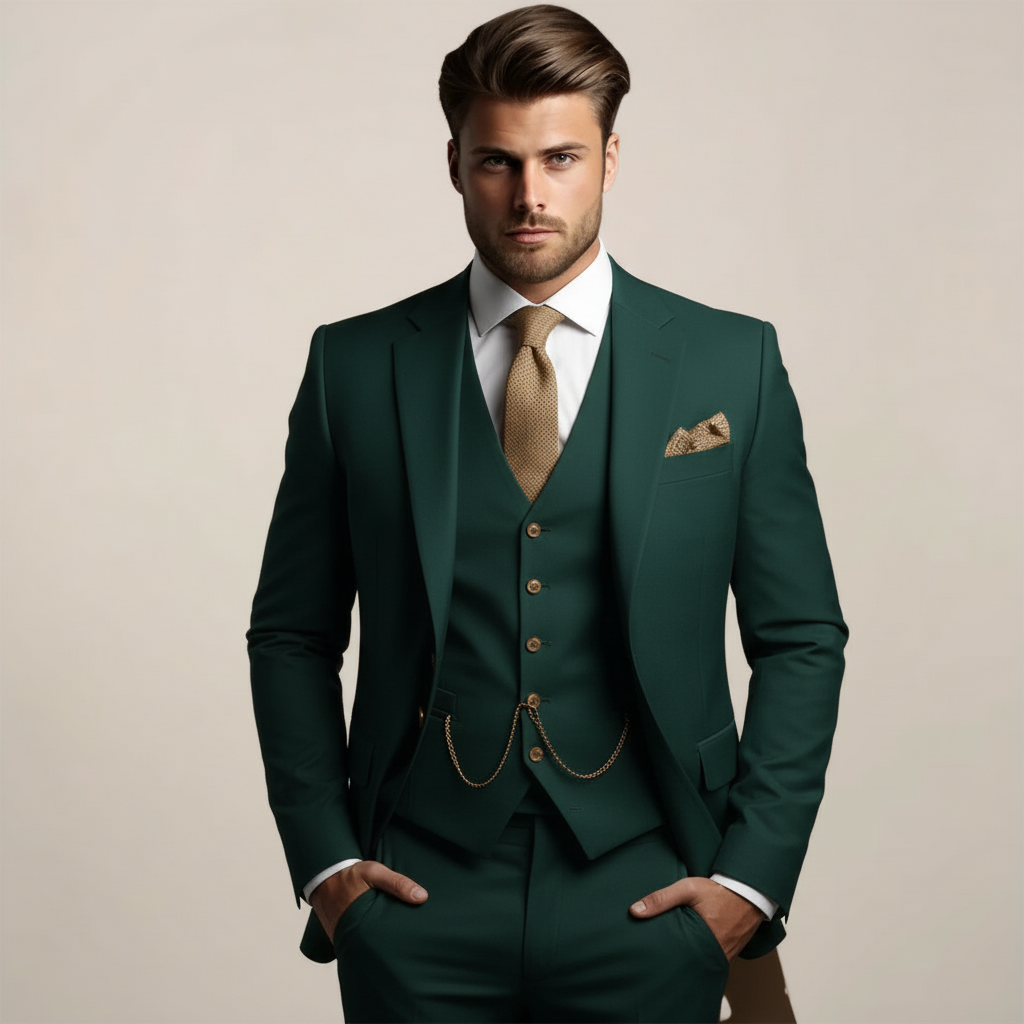 Versatile men's slim fit three-piece suit for wedding, prom, business, or formal special occasions. Elegant attire.