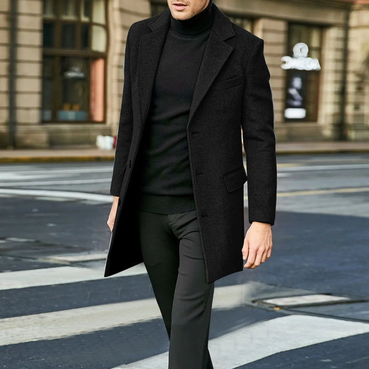 Classic men's office style winter coat, a warm and sophisticated outerwear option for cold days.