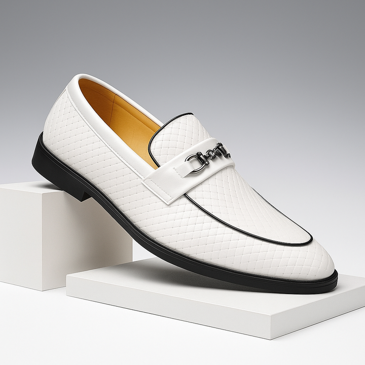 Pair of men's brown embossed leather bit loafers, top down view, stylish and comfortable footwear.