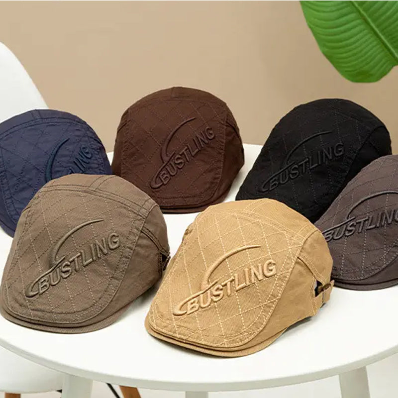 Men's embroidered cotton beret with intricate stitching details, classic men's headwear fashion accessory.