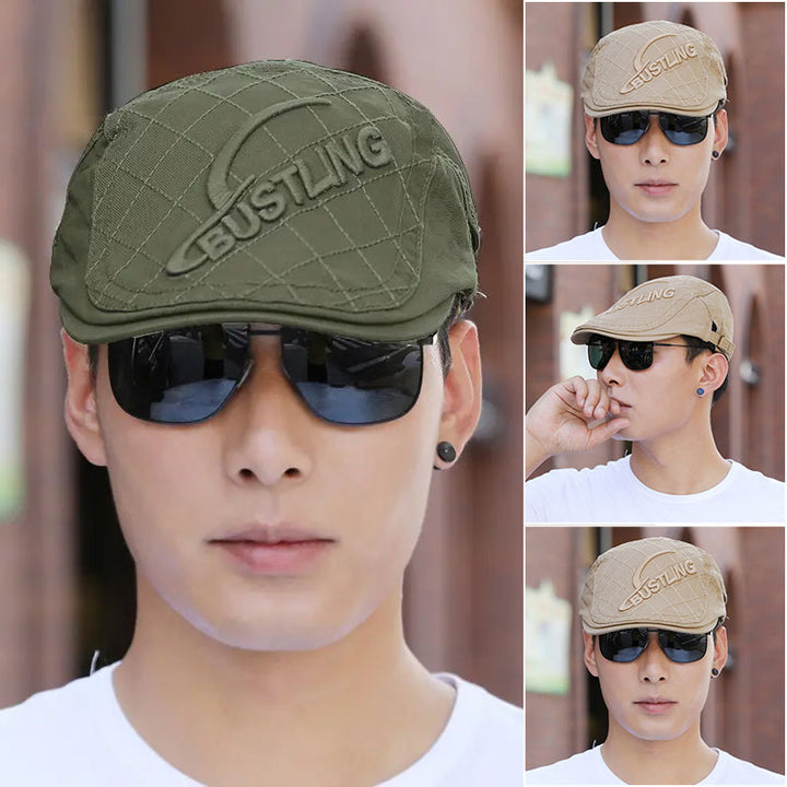 Men's embroidered cotton beret in a studio shot, perfect for fashion-forward men's accessories.
