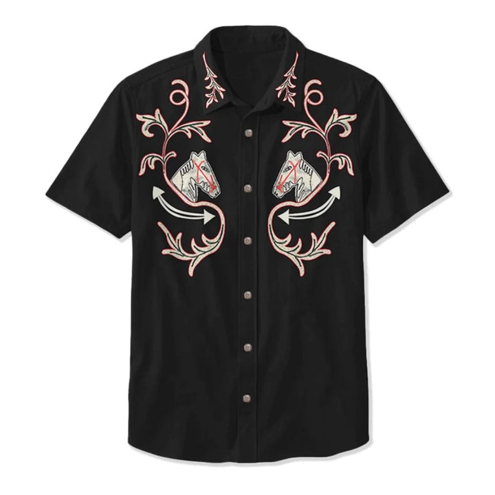 Unique men's embroidered western shirt, a statement piece with Americana flair and relaxed fit.