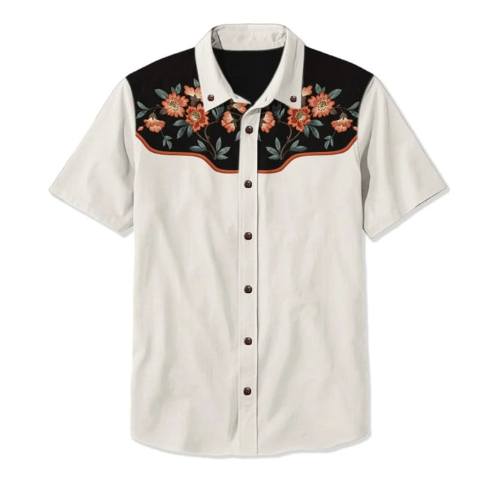 Detailed embroidery on men's western shirt, showcasing Americana design & casual fashion.