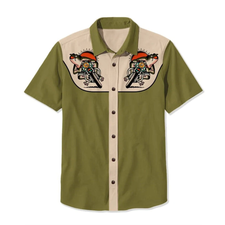 Men's casual western shirt with intricate embroidery, embodying bold Americana fashion.