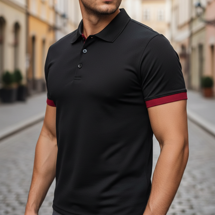 Front view of a men's casual collared shirt, featuring a stylish button placket and short sleeves.