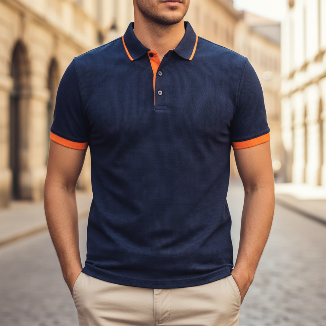 Detailed view of the button placket and collar on a men's comfortable short sleeve everyday polo shirt.
