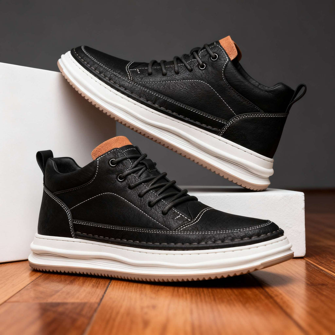 Black men's comfort shoes with a sleek design, suitable for everyday wear and versatile fashion.