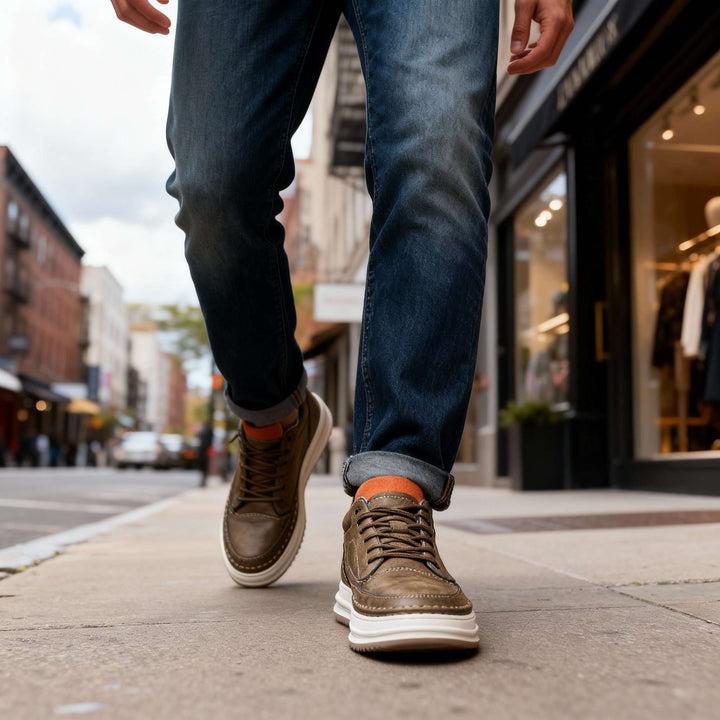Side view of men's supportive walking shoes, designed for all-day comfort and casual everyday use.