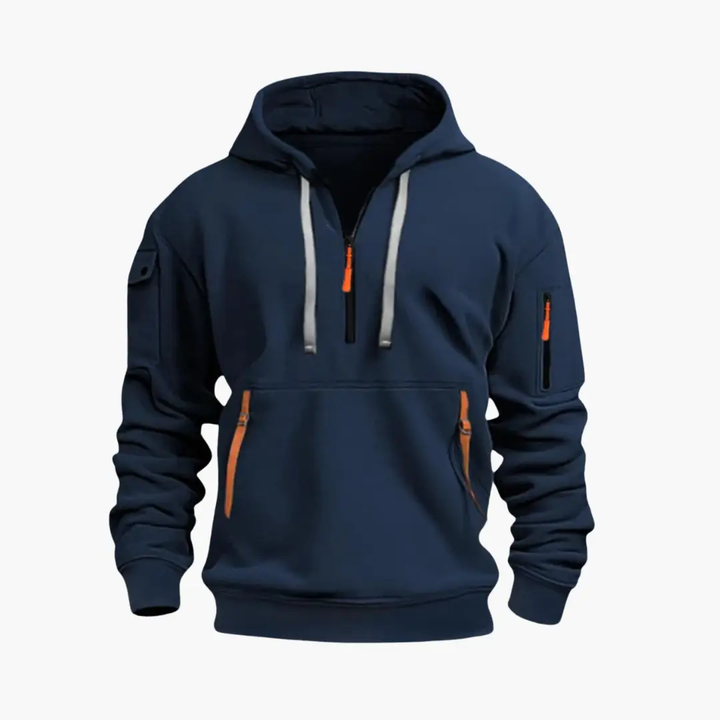Athletic style men's casual wear hoodie, perfect for activewear, featuring a half-zip and comfy fit.