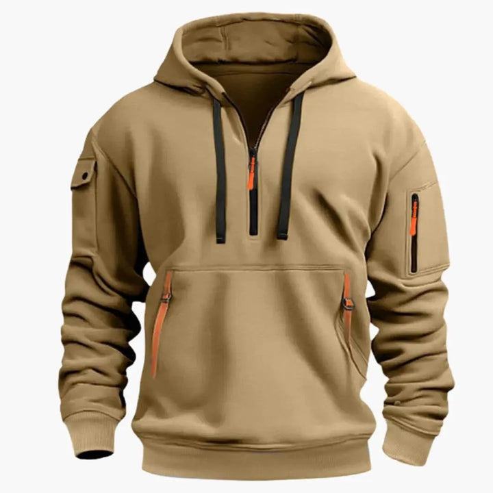 Versatile men's fashion hoodie, ideal for streetwear or layering, with half-zip & practical zipped pockets.