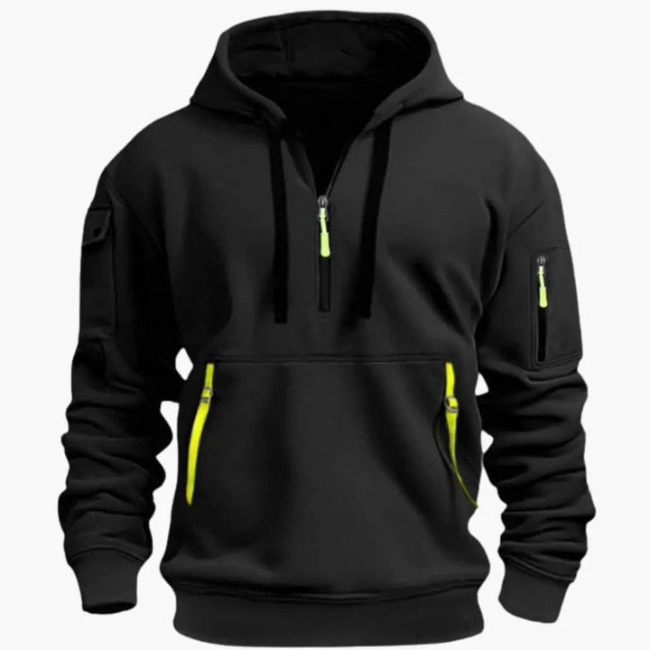 Men's half-zip everyday hoodie, designed for comfort, with adjustable drawstring hood and two secure zipped pockets.