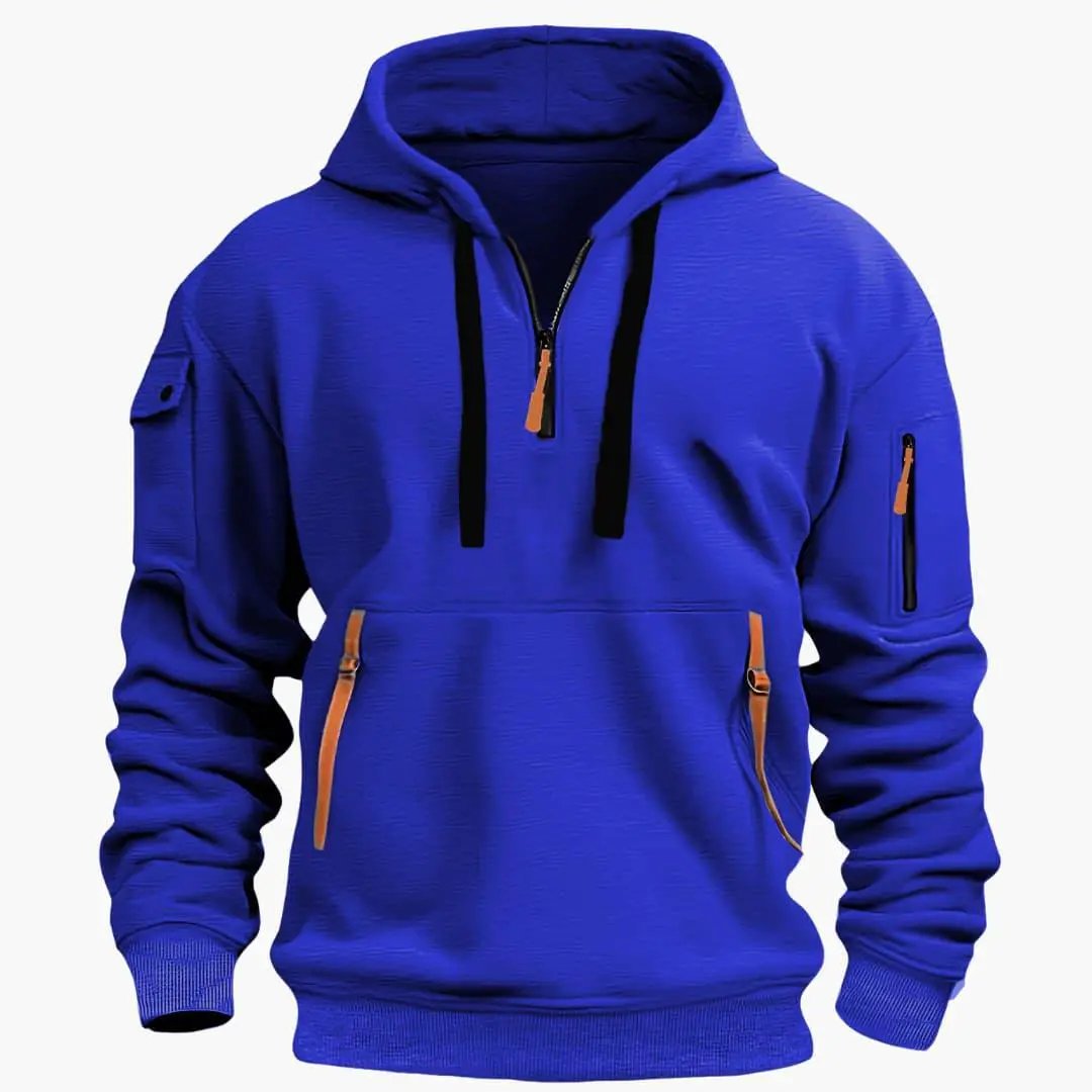 Functional men's activewear hoodie featuring a half-zip neckline, adjustable hood, and secure zip pockets.