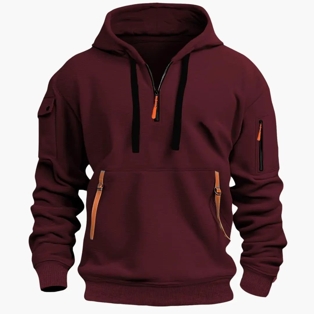 Classic men's pullover hoodie for everyday comfort, equipped with an adjustable hood and zipped pockets.