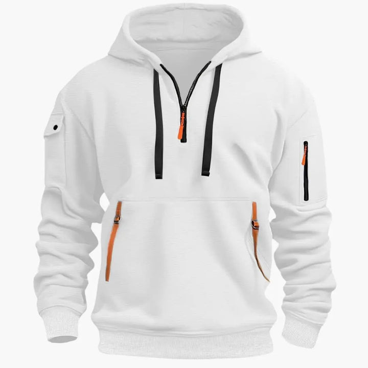 Men's layering piece hoodie with adjustable hood, half-zip front, and secure zipped pockets for active lifestyles.