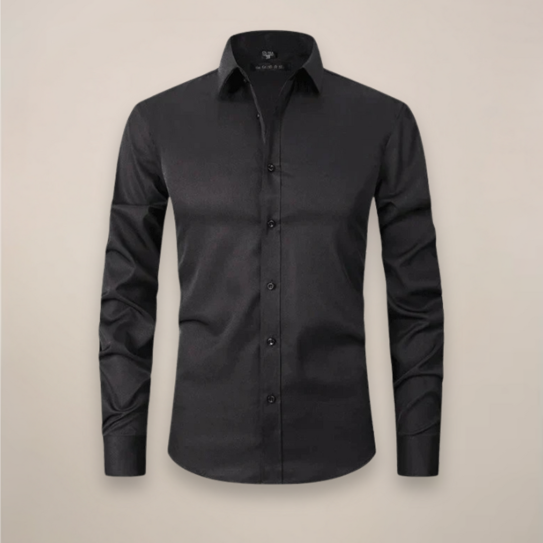 Front view of a men's long sleeve tailored shirt in a modern navy blue, versatile for all occasions.