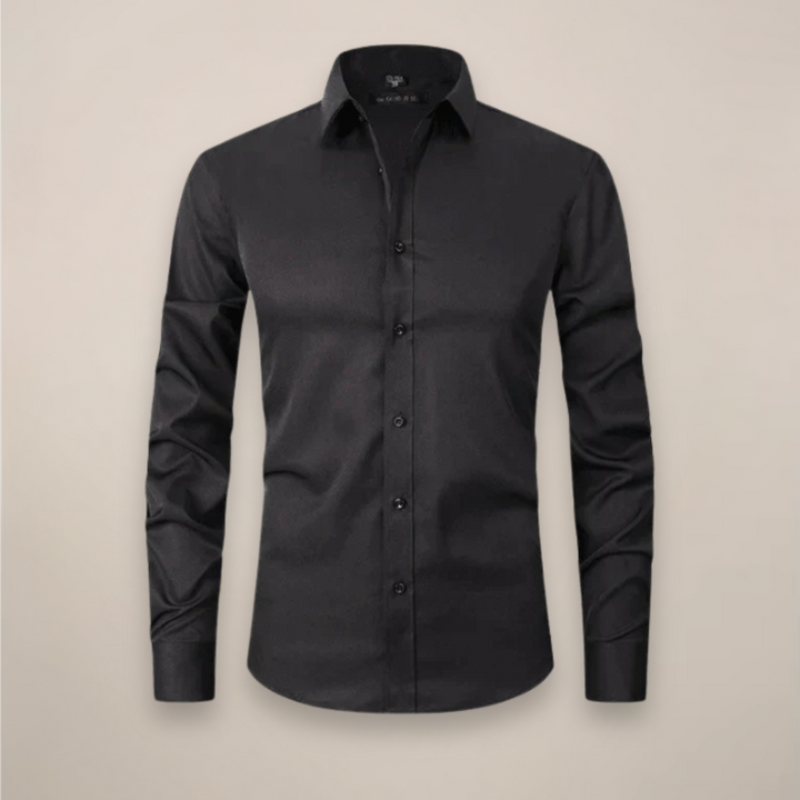 Front view of a men's long sleeve tailored shirt in a modern navy blue, versatile for all occasions.