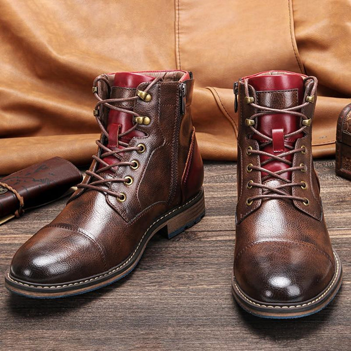 Men's fashion ankle boots in brown with prominent zipper detail, ideal for casual and dress wear.