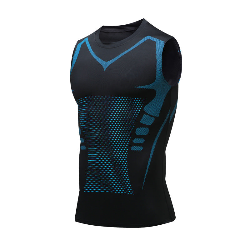 Athletic men's crew neck sleeveless top featuring unique graphic print, designed for workout performance & comfort.