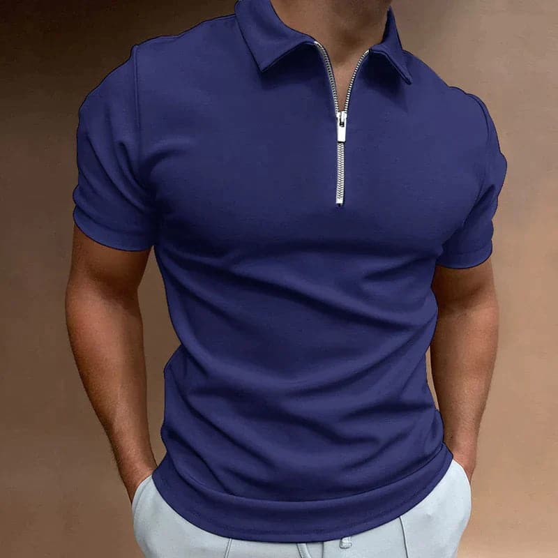 Versatile men's short sleeve polo shirt with a modern zip, fitted for casual fashion.