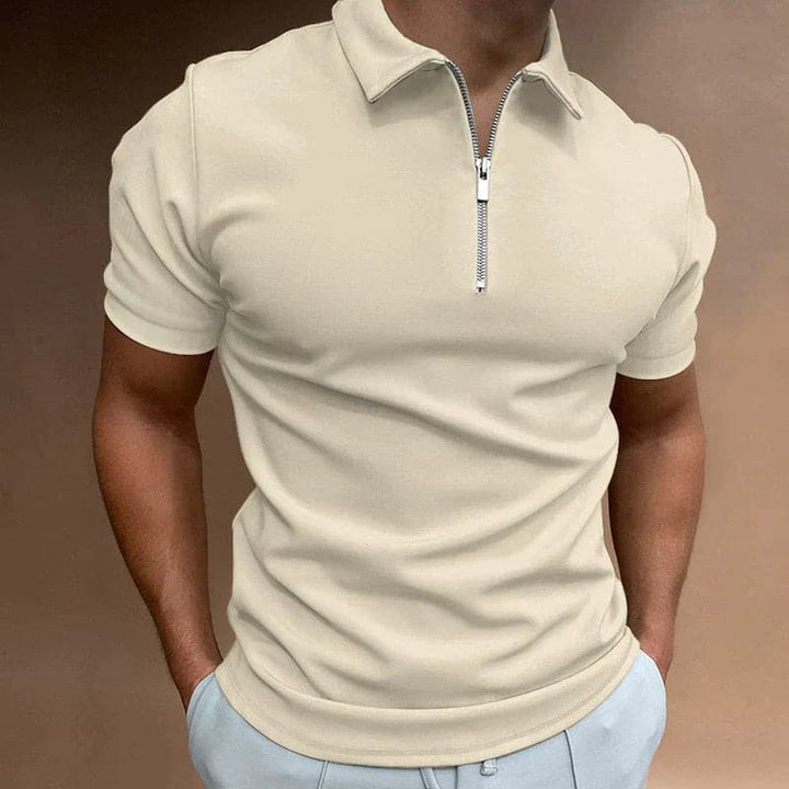 Men's casual fitted polo shirt featuring a stylish modern zip closure and short sleeves.