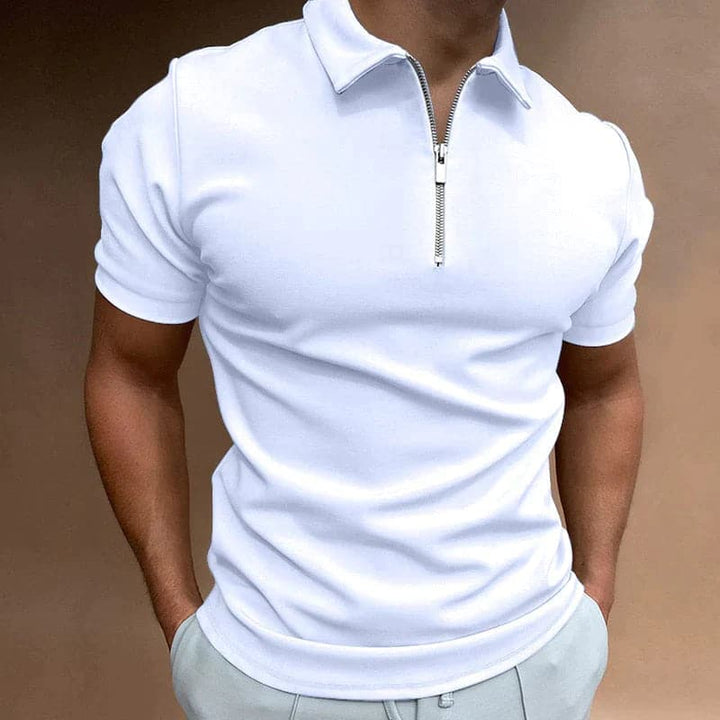 Modern men's fashion: fitted zip polo shirt, short sleeve, ideal for casual style.
