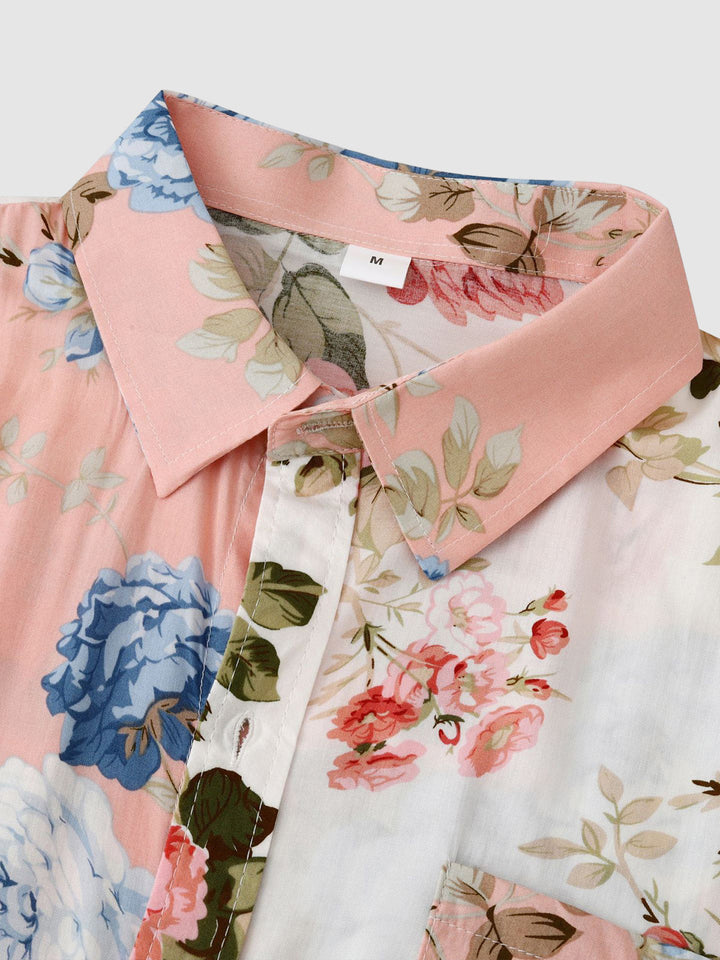 Men's floral vacation shirt, short sleeve & button-down, for stylish summer and beach trips.