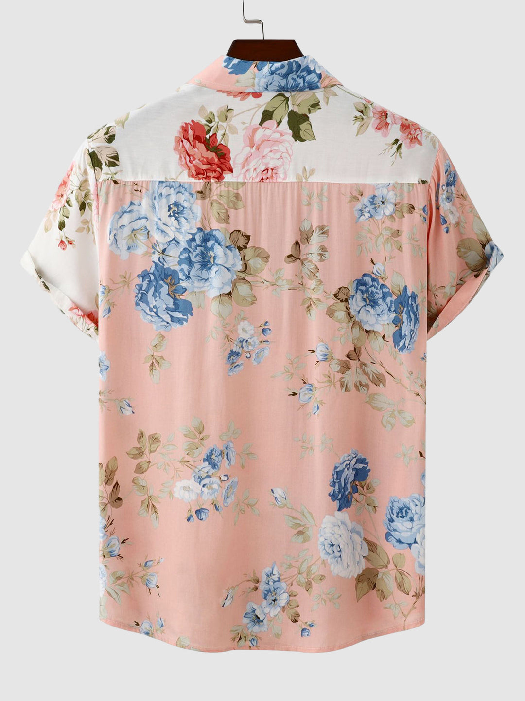 Men's vibrant floral print short sleeve button-down shirt, great for summer beach style.