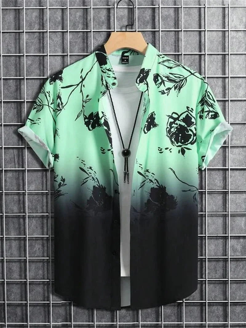Close-up of men's floral short-sleeve collared shirt fabric. Highlights vibrant pattern and texture.