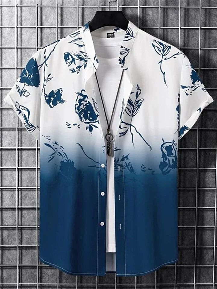 Vibrant floral print men's short-sleeve shirt with collar. Great for a casual, stylish summer look.