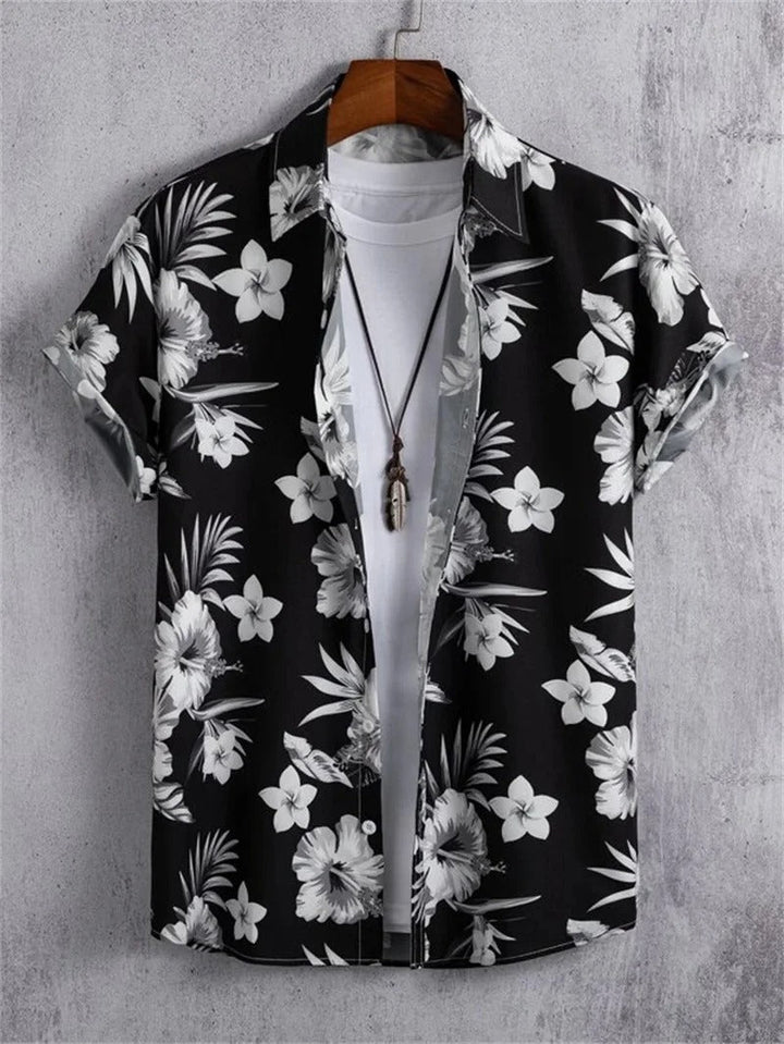 Men's summer floral print short-sleeve shirt. Collared top for a casual, comfortable look.
