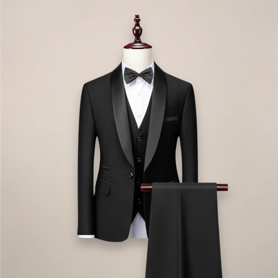 Men's formal 3-piece navy tuxedo suit for spring/summer events, elegant business attire.