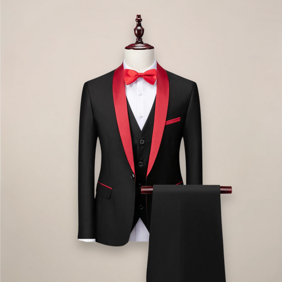 Elegant grey three-piece formal wear tuxedo, a versatile men's suit for business and social events.