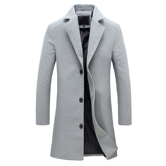 Men's formal longline overcoat in a classic charcoal, perfect for business attire or winter fashion.